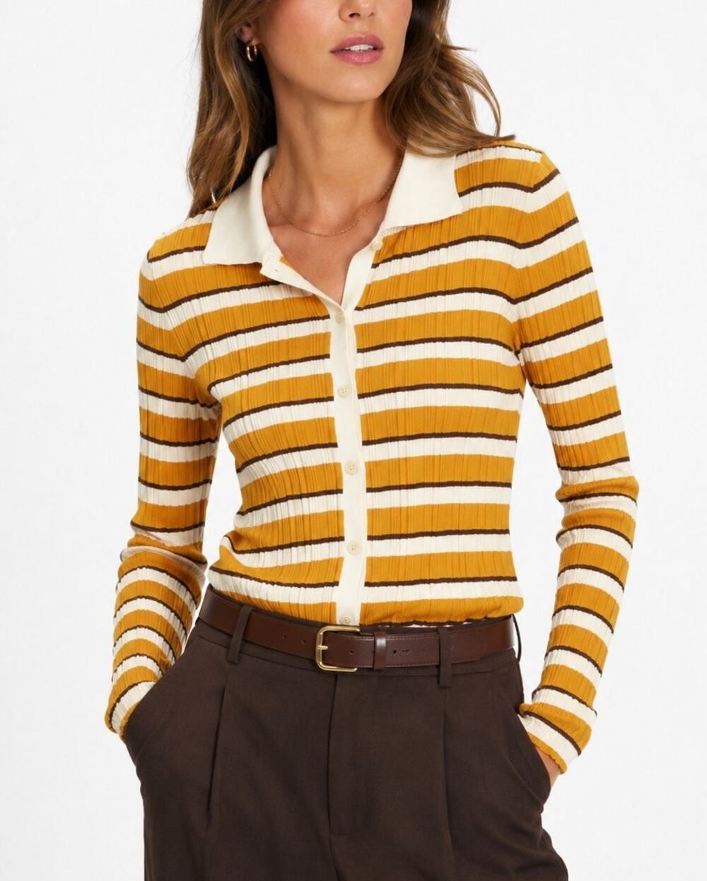 Theory Women Hudson Striped Polo Cardigan Size S Mustard Yellow 70s Preppy Retro